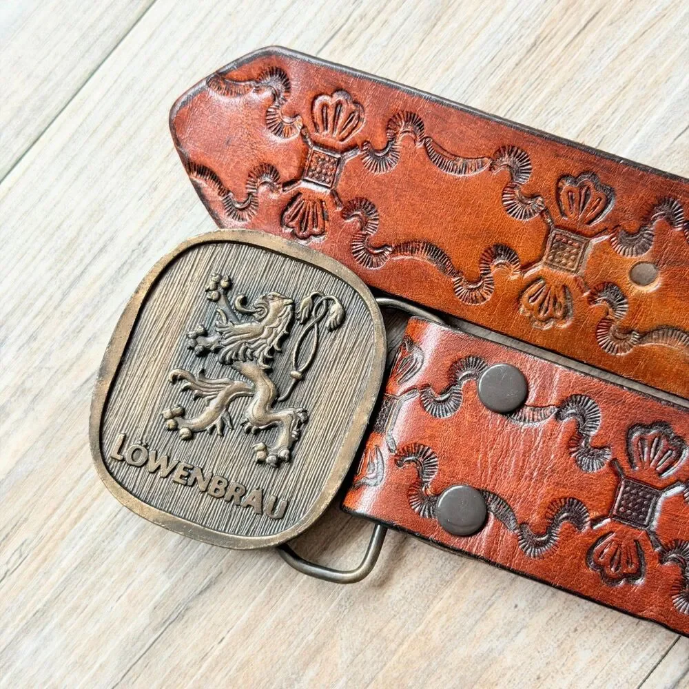 Vintage Lowenbrau Beer Leather Belt Size 36 Embossed Western Brass Buckle Miller